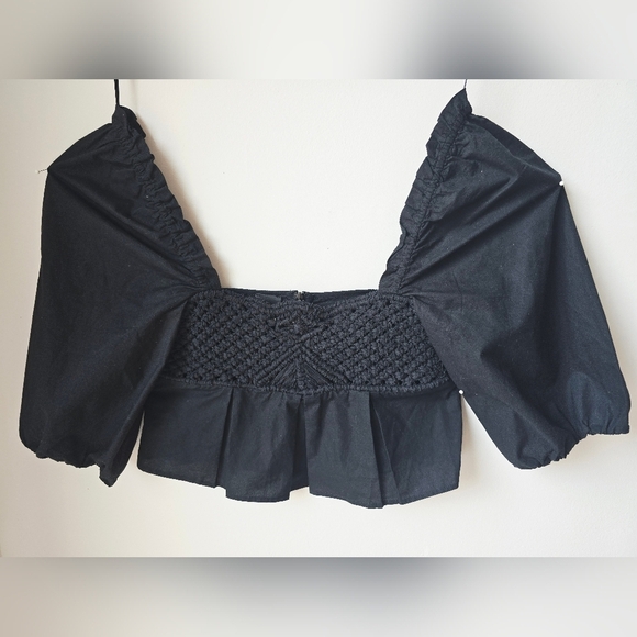 PINKO CROP Black Peplum Top Puffed Sleeve Darts Woven Square Size 2 170/80A - Picture 7 of 12
